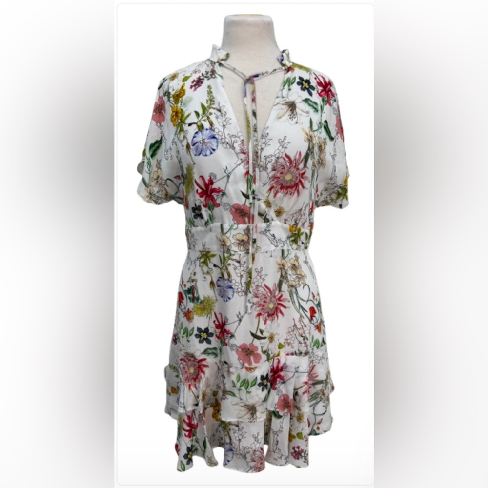 Size 10 Parker Silk Floral Tie-Neck White dress